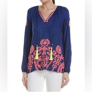 Lilly Pulitzer Y2K  Willa embroidered top Resort Navy beaded tassels Bohemian